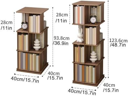 GAMAK Rotating Bookshelf Kids 360 Display 3-4 Tier Revolving Bookcase with Brake Wheels Floor Standing Bookcase Narrow Bookshelf for Small Spaces Natural Wood (Color : Walnut, Size : Landing_Four)