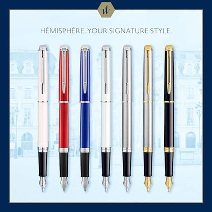 Waterman Hémisphère Fountain Pen Black with Gold Trim Medium Nib Blue Ink Gift Box