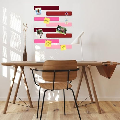8Pcs Rectangle Felt Cork Board Bar Strips with 35 Pushpins, Self-Adhesive Bulletin Board Strips for Office School Home Wall Decor Stickers Memos Schedules Photos Display -Gradual Red