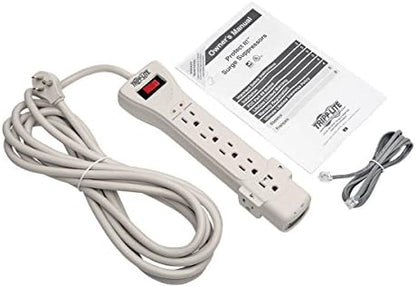 Tripp Lite 7 Outlet Surge Protector Power Strip, 7ft, Right-Angle Plug, Fax/Modem Protection, RJ11, $75,000 Insurance (SUPER7TEL), Gray, 10.3" x 2.8" x 1.5"