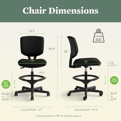 HON Volt Ergonomic Office Stool, Armless, Office Desk Computer Chair, Black