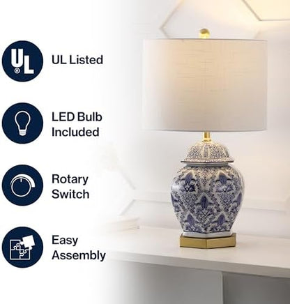 JONATHAN Y Gretchen 25" Ginger Jar Ceramic LED Table Lamp, Blue/White