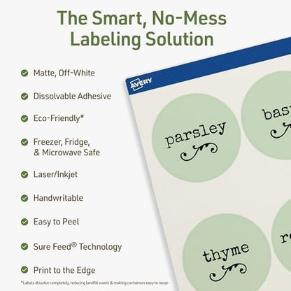 Avery Dissolvable Round Labels, Sure Feed Technology, 2.5" Diameter, Matte White, Print-to-The-Edge, Laser/Inkjet Printable, 225 Labels Total