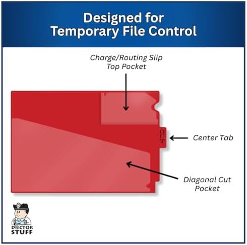 Doctor Stuff - Center Tab Vinyl Out Guides, Diagonal Cut Front Pocket, Top Charge Out Slip Pocket, Plastic File Folder, Letter Size 9" x 13-1/4", Red, 100/Box
