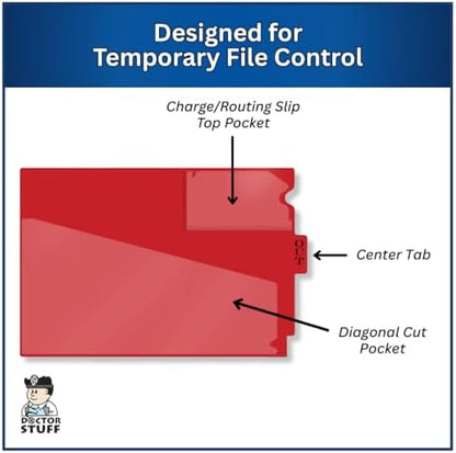 Doctor Stuff - Center Tab Vinyl Out Guides, Diagonal Cut Front Pocket, Top Charge Out Slip Pocket, Plastic File Folder, Letter Size 9" x 13-1/4", Red, 100/Box