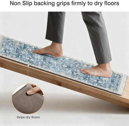 Boho Cushioned Anti Fatigue Mats for Kitchen Floor,Modern Farmhouse Blue Floral Non-Slip Water Resistant Runner Comfort Foam Standing Rugs Non Skid for Home Sink,Office,Laundry 17"x47"+17"x30"