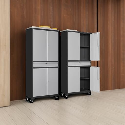 Metal Garage Storage Cabinet with Wheels and Drawer,Gray Rolling Garage Cabinet with Locking Doors and Adjustable Shelves,73" Tall Mobile Metal Storage Cabinets on Wheels for Home,Office,Garages,Tool
