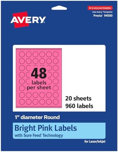 Avery® Printable Round Labels, Sure Feed® Technology, 1" Diameter, Bright Pink Labels, Print-to-the-Edge, Laser/Inkjet, 960 Total, Great for Price Stickers and Mailing Seals