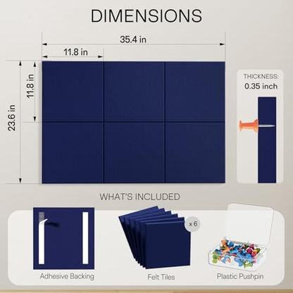 MaxGear Felt Bulletin Board 36" x 24", Dark Blue Felt Wall Tiles Push Pins