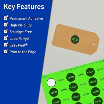 Avery Printable Round Labels, Sure Feed Technology, 3/4" Diameter, Neon Green Labels, Print-to-the-Edge, Laser/Inkjet, 6,400 Total, Great for Price Stickers and Mailing Seals