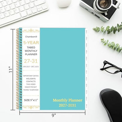 2027-2031 Monthly Planner, 5 Year Monthly Planner/Calendar 2027-2031, 60-Month Jan 2027 – Dec 2031, 9" x 11", Tabs, Double-Side Pocket, Holidays, Thick Paper - Blue