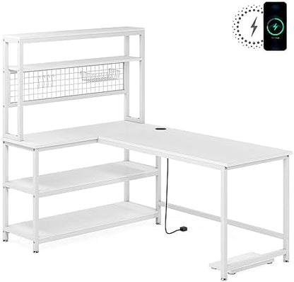 LITTLE TREE L-Shaped Computer Desk, 55 Inch Reversible Office Desk, Study Writing Table with Wireless Charging and Bookshelf for Home Office, White