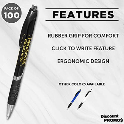 DISCOUNT PROMOS Ballpoint Pens With Rubber Grip - 100 pack - Customizable Text, Logo - Black Ink Ball Point Pen with Soft Touch Plastic - Black