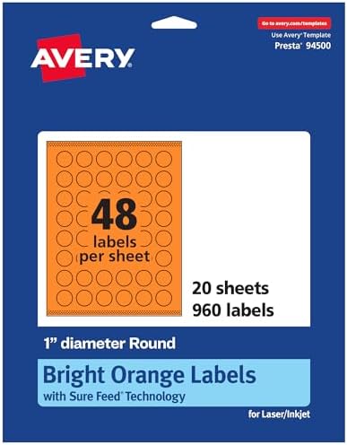 Avery Printable Round Labels, Sure Feed Technology, 1" Diameter, Bright Orange Labels, Print-to-the-Edge, Laser/Inkjet, 960 Total, Great for Price Stickers and Mailing Seals