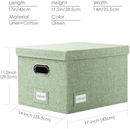 PRANDOM File Organizer Box - Set of 2 Collapsible Decorative Linen Filing Storage Hanging File Folders with Lids Office Cabinet Letter/Legal Size Green 17x14x11.2 inch