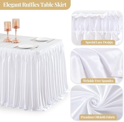 Wish Care 14ft White Satin Table Skirt for Rectangle Tables Wrinkle Free Teacher Desk Skirt Glitter Ruffle Table Skirting Cloth for Office Wedding Birthday Baby Shower Party Banquet Table Decorations