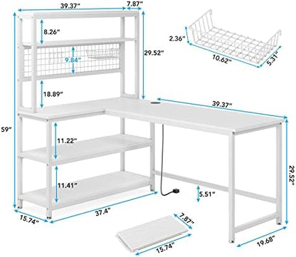 LITTLE TREE L-Shaped Computer Desk, 55 Inch Reversible Office Desk, Study Writing Table with Wireless Charging and Bookshelf for Home Office, White