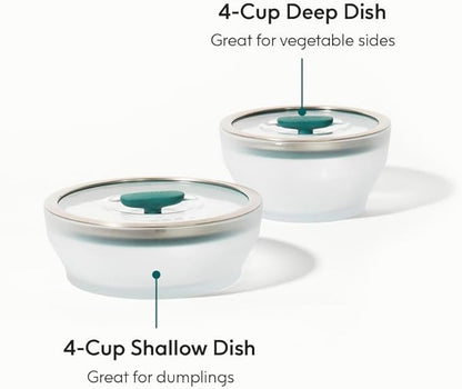 Anyday 4-Pc Microwave Cookware & Glass Food Storage Set with Glass Lids | Medium Plastic-Free Containers | Stackable Steamer with Vented Lid for Microwave-Safe Reheating & Steaming Vegetables, Rice