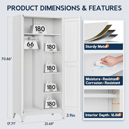 UNICOLY Armoire Wardrobe Closet，71" Metal Wardrobe Cabinet with Door