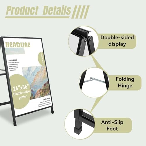 24x 36 Inch A Frame Sign Heavy Duty Sandwich Board Double-Sided Pavement Sign Folding Sign Holder Outdoor for Businesses Store Signs (Frame only),2PACK
