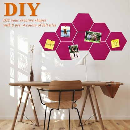 8 Pcs Hexagon Felt Cork Bulletin Board Tiles, Self Adhesive DIY Bulletin Board Pin Board for Office School Home Wall Decor Memos Photos Display(Rose Red)