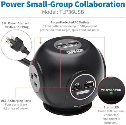 Tripp Lite Surge Protector 3-Outlet Spherical Surge Protector, 4 USB Ports (4.8A Shared) - 6-ft. (1.83 m) Cord, 5-15P Plug, 540 Joules, Black (TLP36USB)