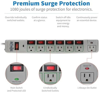 Tripp Lite 7-Outlet Surge Protector Power Strip with 6 Individually Controlled Switches, 6 Foot / 1.83M Cord, Lifetime Limited Warranty & $25,000 Insurance (TLP76MSG)