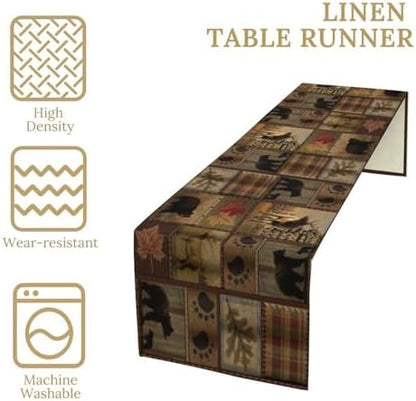 Rustic Bear Table Runner, Vintage Cottage Country Style Pine Tree Elk Wildlife Dinner Runner for Home Kitchen Dining Table Decoration 13"x70"