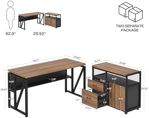 Tribesigns 55-inch L Shaped Desk with Drawer Cabinet, Executive Computer Desk and lateral File Cabinet, 2 Piece Home Office Furniture with Drawers for Hanging File, Doors with Locks (Brown, 55 inches)