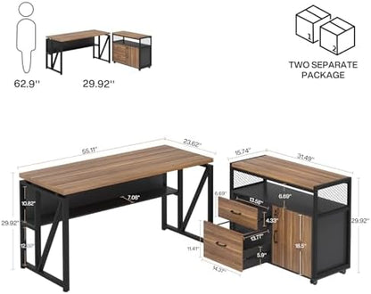 Tribesigns 55-inch L Shaped Desk with Drawer Cabinet, Executive Computer Desk and lateral File Cabinet, 2 Piece Home Office Furniture with Drawers for Hanging File, Doors with Locks (Brown, 55 inches)