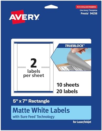 Avery TrueBlock Matte White Rectangle Labels, Sure Feed Technology, 5" x 7", 20 Matte White Labels, Laser/Inkjet Printable, Great for Packaging and Product Merchandising