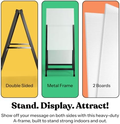 T-SIGN Outdoor A-Frame Sidewalk Sign 22x28 Inch Sandwich Board, Black Coated Steel Metal Double-Sided, Heavy Duty Slide-in Folding Frame Sign Holder, 2 Corrugated Plastic Poster Boards, Display Stand
