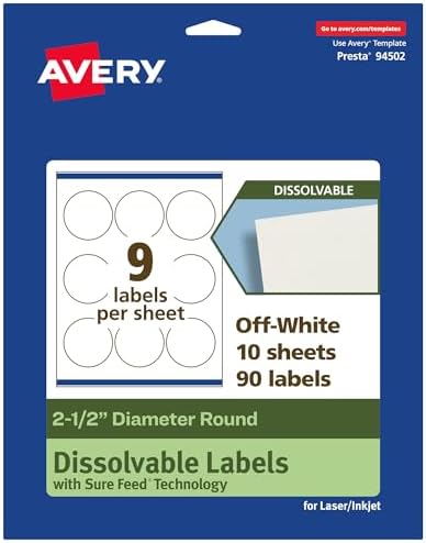 Avery Dissolvable Round Labels, Sure Feed Technology, 2.5" Diameter, Matte White, Print-to-The-Edge, Laser/Inkjet Printable, 90 Labels Total