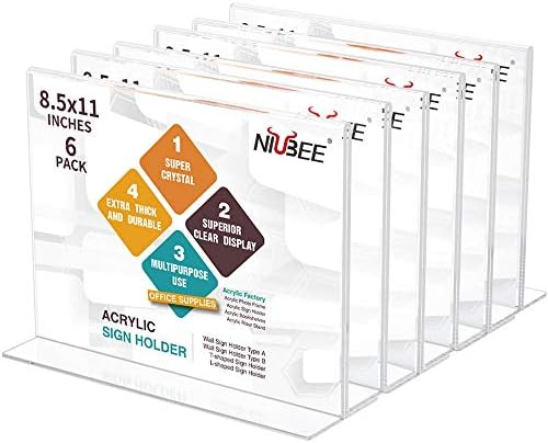NIUBEE Acrylic Sign Holder 8.5 x 11 Horizontal T-Shape Flyer Stand 6 Pack
