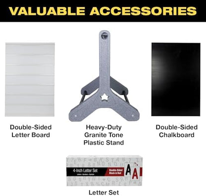 Swinging Changeable Message Sidewalk Sign: 24" x 36" Sign with 792 Pre-Cut Double Sided Letters and Storage Box. Includes Black Board & Letter Board (Granite Color Legs)