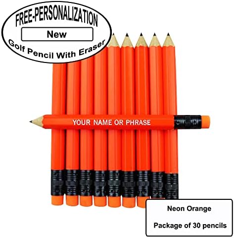 EZPENCILS & GIFTS - Golf Pencils Tipped with Eraser (1/2 a Pencil - Pew Pencils) - Neon Orange Colored Barrel - FREE-PERSONALIZATION - 2HB Black Lead - Custom Text - Non-Smear Eraser – Package of 30
