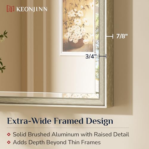 Keonjinn 55" x 30" Brushed Nickel Bathroom Mirrors for Over Sink, Tempered Glass with Beveled Edge, Aluminum Alloy Metal Frame, Scratch Resistant, Silver Bathroom Vanity Mirror(Vertical/Horizontal) - color: Brushed Nickel, size: 30"L x 55"W
