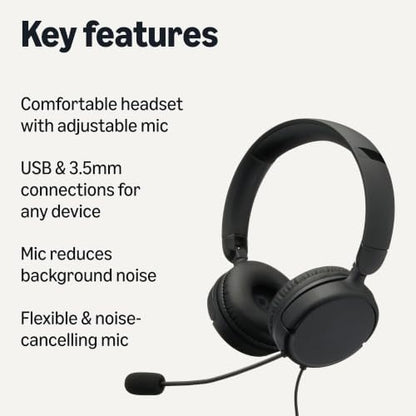 Amazon Basics On Ear Wired Computer Headset with Adjustable Microphone, 3.5mm Port or in-Line Control with USB-A Port, Foldable, Clear Sound, Small/Medium Size, Black