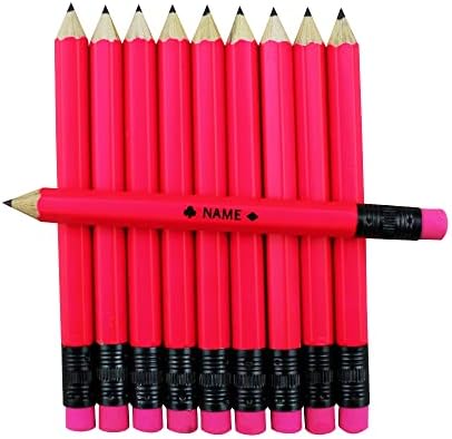 EZPENCILS & GIFTS - Golf Pencils Tipped with Eraser (1/2 a Pencil - Pew Pencils) - Neon Pink Colored Barrel - FREE-PERSONALIZATION - 2HB Black Lead - Custom Text - Non-Smear Eraser – Package of 50