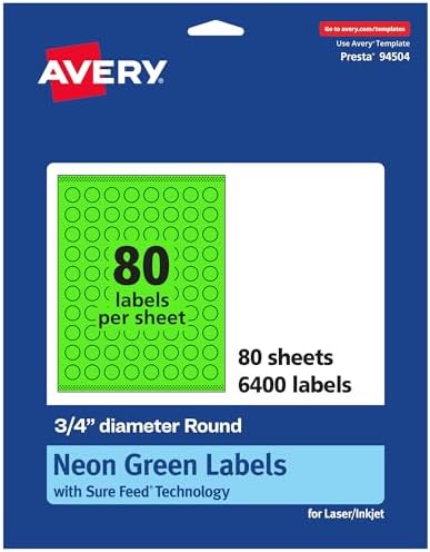 Avery Printable Round Labels, Sure Feed Technology, 3/4" Diameter, Neon Green Labels, Print-to-the-Edge, Laser/Inkjet, 6,400 Total, Great for Price Stickers and Mailing Seals