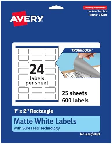 Avery TrueBlock Matte White Rectangle Labels, Sure Feed Technology, 1" x 2", 600 Matte White Labels, Print-to-The-Edge, Laser/Inkjet Printable, Great for Packaging and Product Merchandising