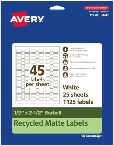 Avery® EcoFriendly Matte White Recycled Barbell Labels, 0.5" x 2.5", Matte White Labels, Permanent Adhesive, Laser/Inkjet Printable, 1,125 Total