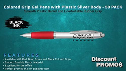DISCOUNT PROMOS Custom Colored Grip Gel Pens Set of 50, Personalized Bulk Pack - Great for Office, School, Business, Tradeshows, Events - Red