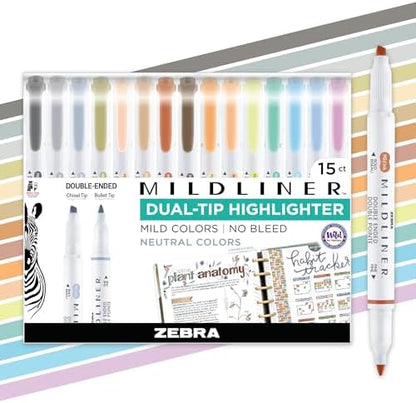 Zebra Pen MILDLINER Highlighter, Neutral Vintage Colors, Dual Tip, 15-Pack