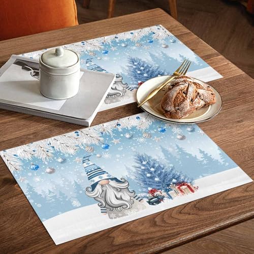 Christmas Gnome Placemat 1PC, Winter Merry Christmas Tree Balls Heat Resistant Washable Table Place Mats Blue Cotton Table Linens Party Holiday Decor for Kitchen Dining Outdoor Indoor