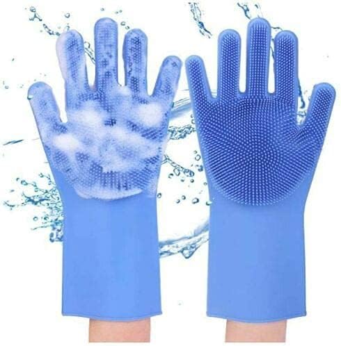 Silicone Dishwashing Gloves, Pet Grooming Rubber Scrubbing for Dishes, Sponge Wash Cleaning with Scrubbers (13.6" L)