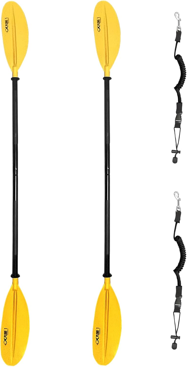 ISURE MARINE 2Pcs Kayak Paddle 85in Kayaking Boating Canoeing Oar Aluminum Shaft Yellow Plastic Blades Adjustable Rowing Paddle with Bungee Paddle Leash for Light Kayaks