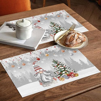 Christmas Gnome Placemats Set of 6, Winter Merry Christmas Tree Balls Heat Resistant Washable Table Place Mats Grey Cotton Table Linens Party Holiday Decor for Kitchen Dining Outdoor Indoor