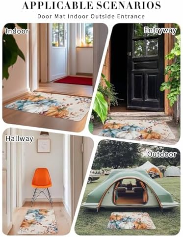 Fall Door Mat Orange Blue Pumpkin Doormat Autumn Floral Maple Leaves Harvest Thanksgiving Welcome Mat Non Slip Rubber Entryway Front Rug Floor Mat for Indoor Outdoor Kitchen Autumn Holiday Decor 18x30
