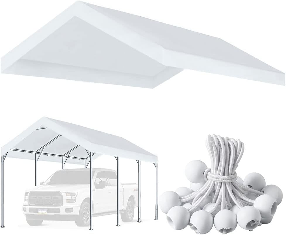 10'x20' Upgraded Carport Replacement Top Canopy Cover for Car Garage Shelter Tent Party Tent with Ball Bungees White (Only Top Cover, Frame is not Included)